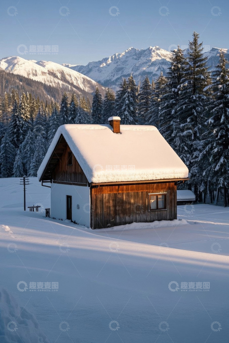 高清大图下载【趣麦麦图】雪中山林旁的木屋景观