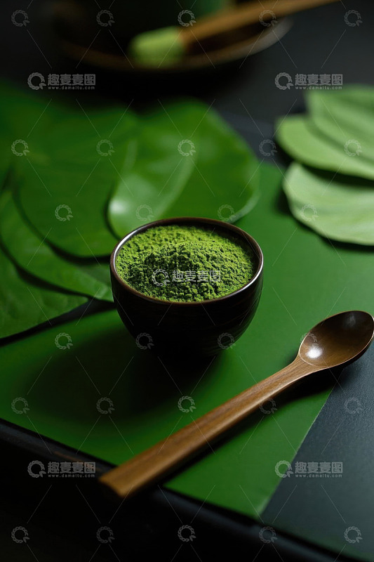 碗装抹茶粉与绿叶静物素材