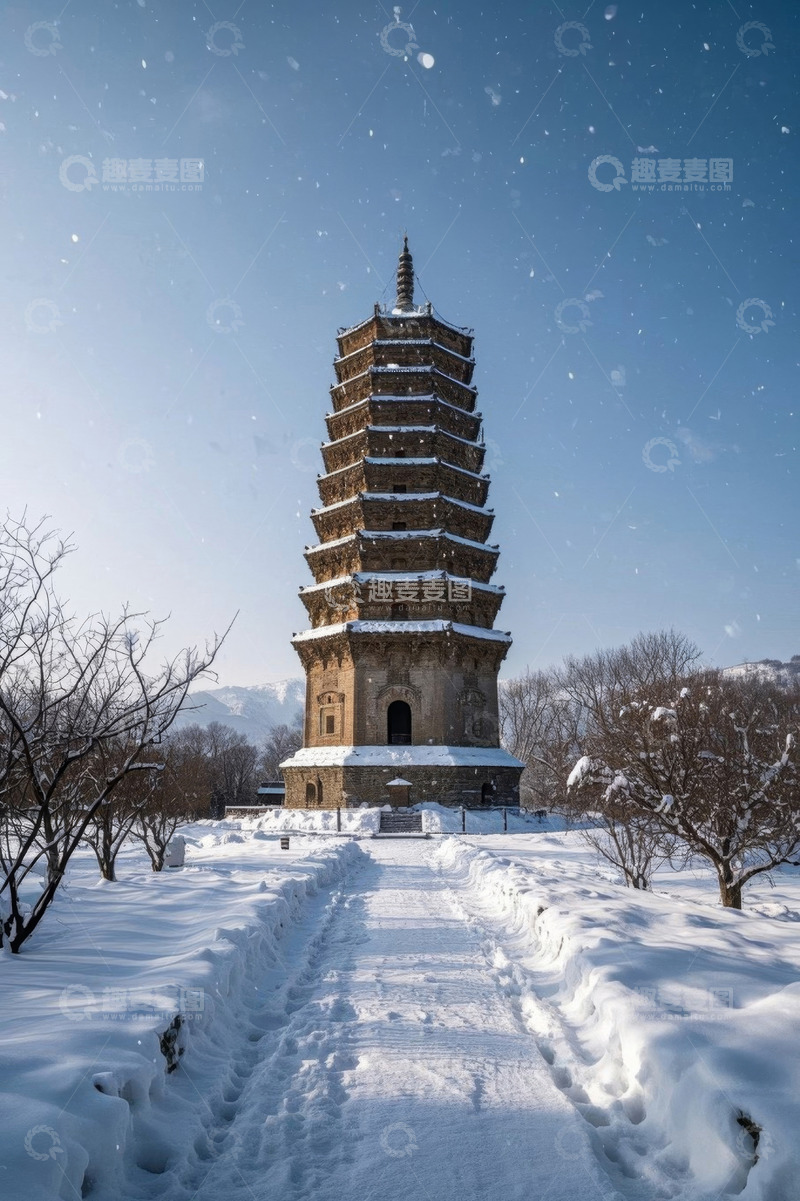 高清大图下载【趣麦麦图】雪后古塔全景