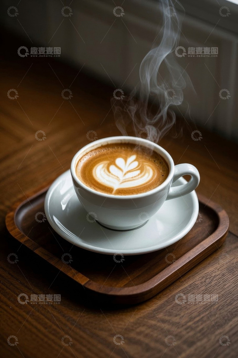 高清大图下载【趣麦麦图】木桌上的热咖啡拉花特写