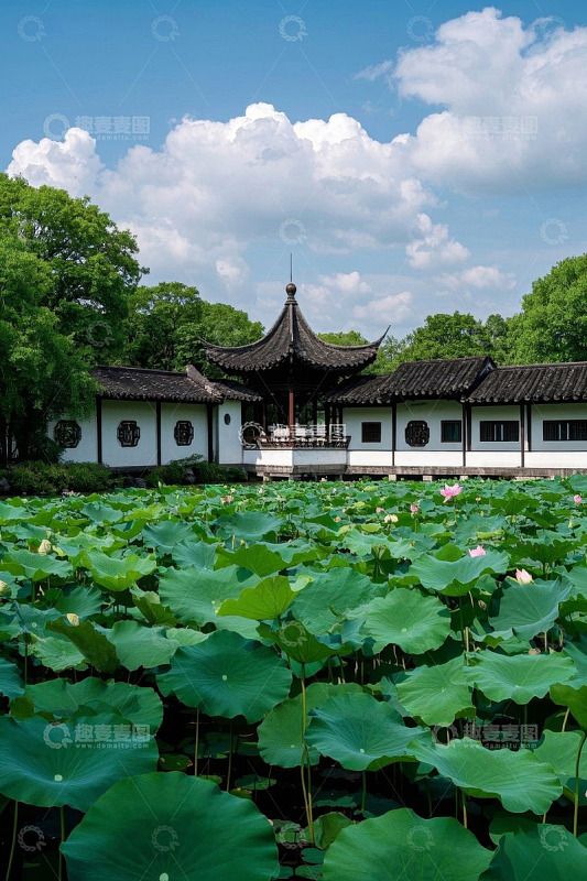 中式园林荷塘与亭台楼阁