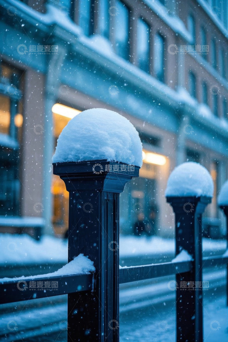 高清大图下载【趣麦麦图】户外街道积雪栏杆雪景