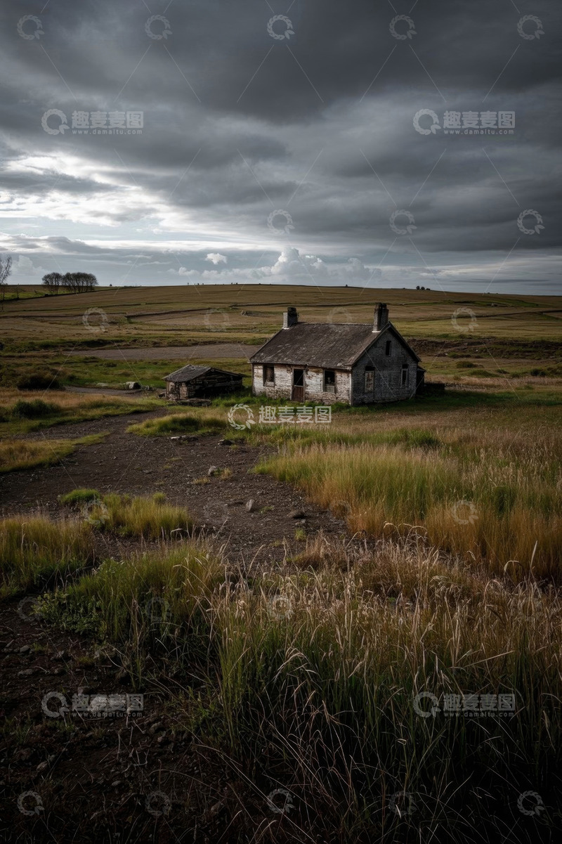 高清大图下载【趣麦麦图】原野上的老旧房屋