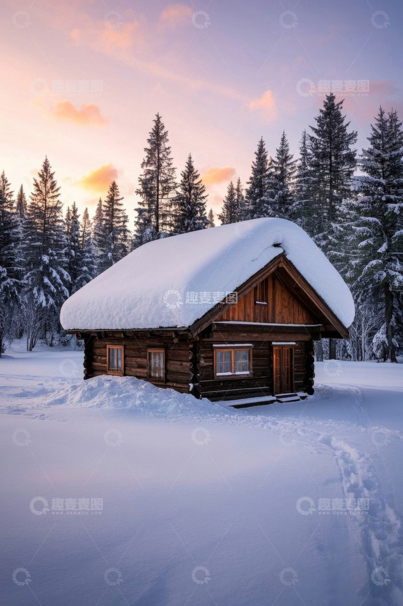 高清大图下载【趣麦麦图】雪后森林中的木屋