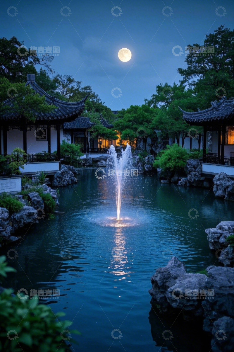 高清大图下载【趣麦麦图】中式园林月夜水景
