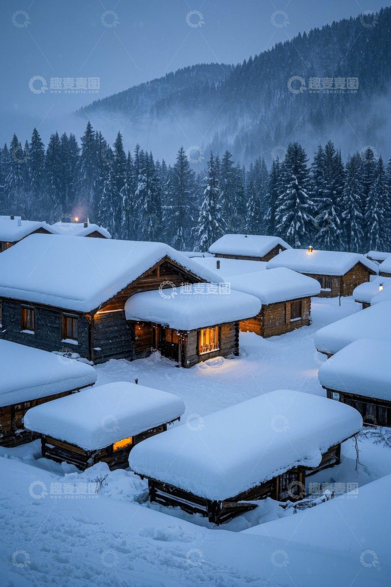 高清大图下载【趣麦麦图】雪覆木屋与森林的冬日景象