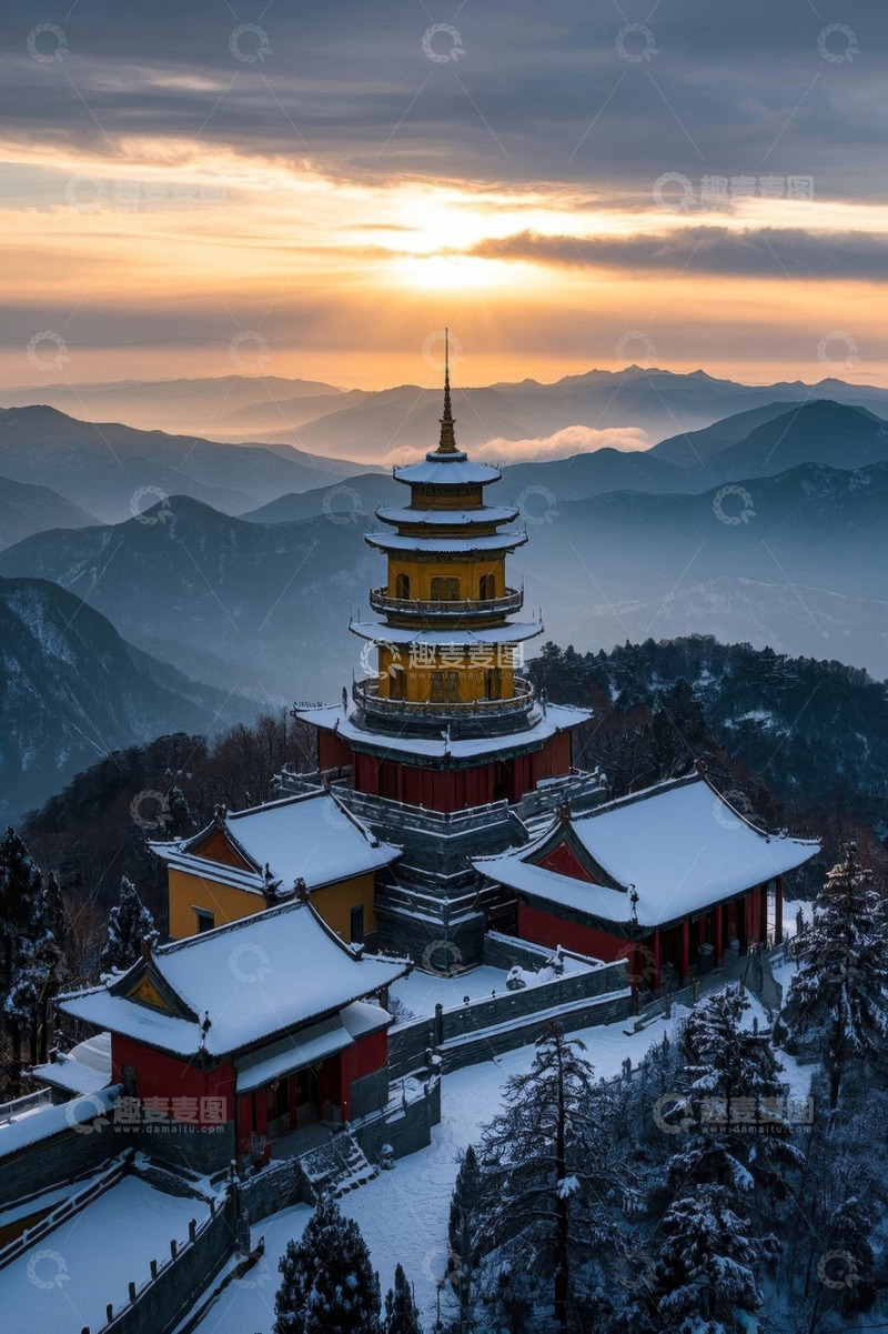 高清大图下载【趣麦麦图】雪后山间古建筑全景