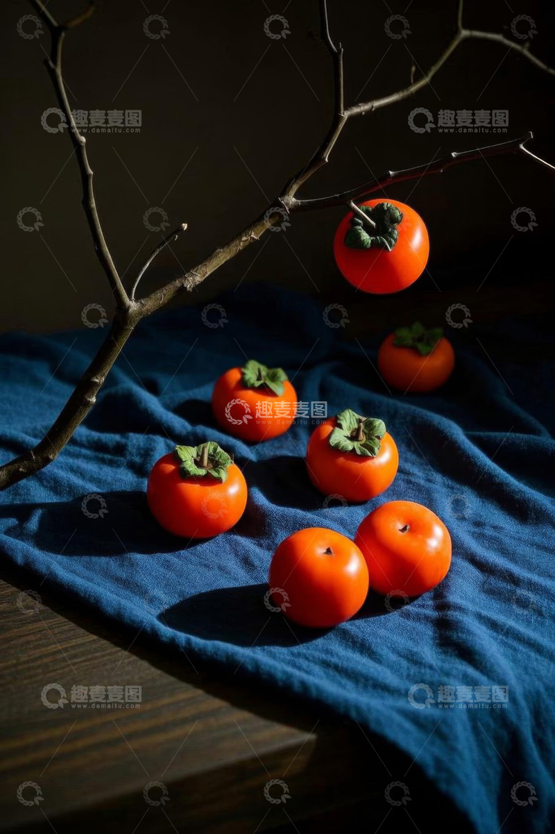 高清大图下载【趣麦麦图】蓝色布上摆放的新鲜柿子
