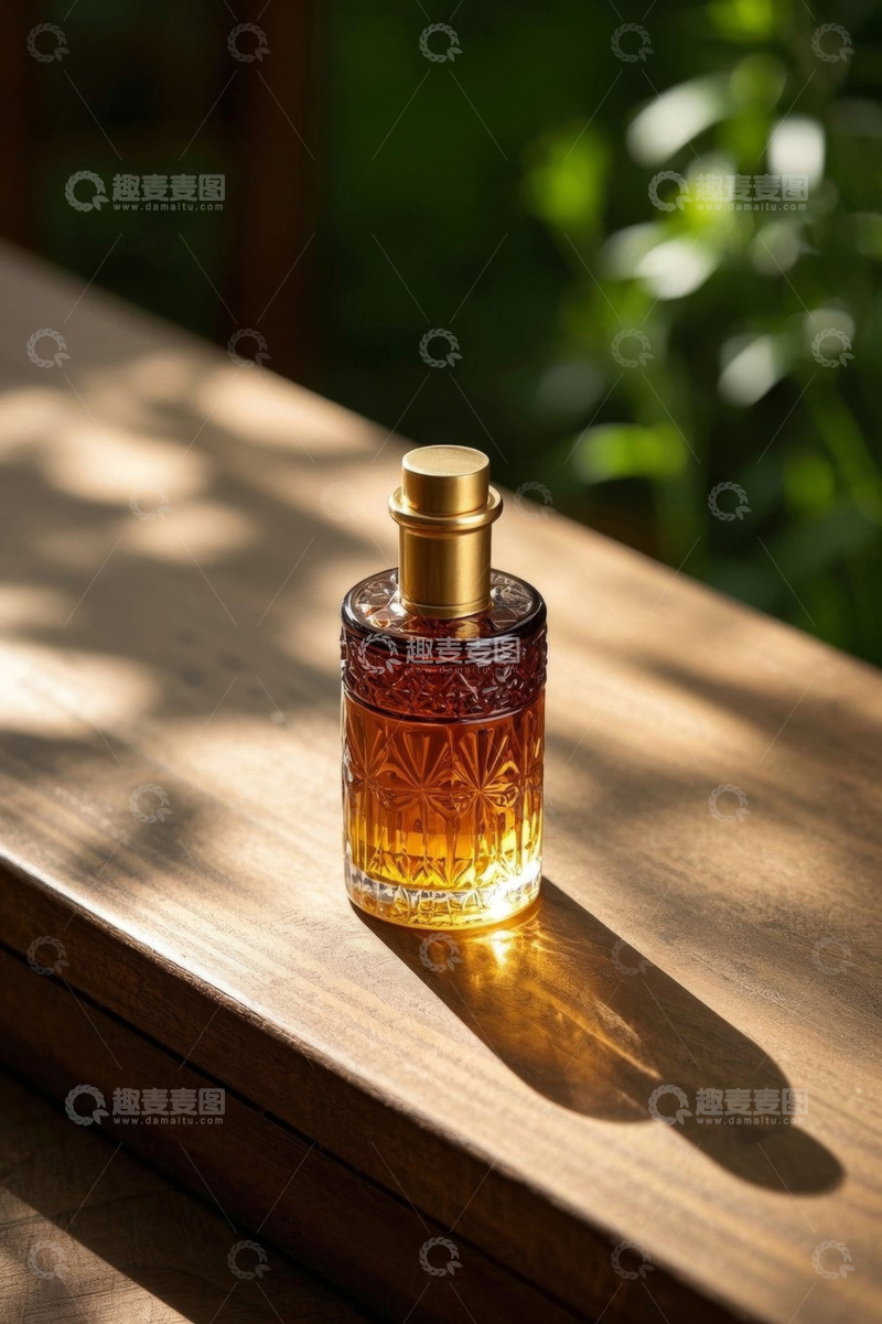 高清大图下载【趣麦麦图】木质桌面上的玻璃香水瓶
