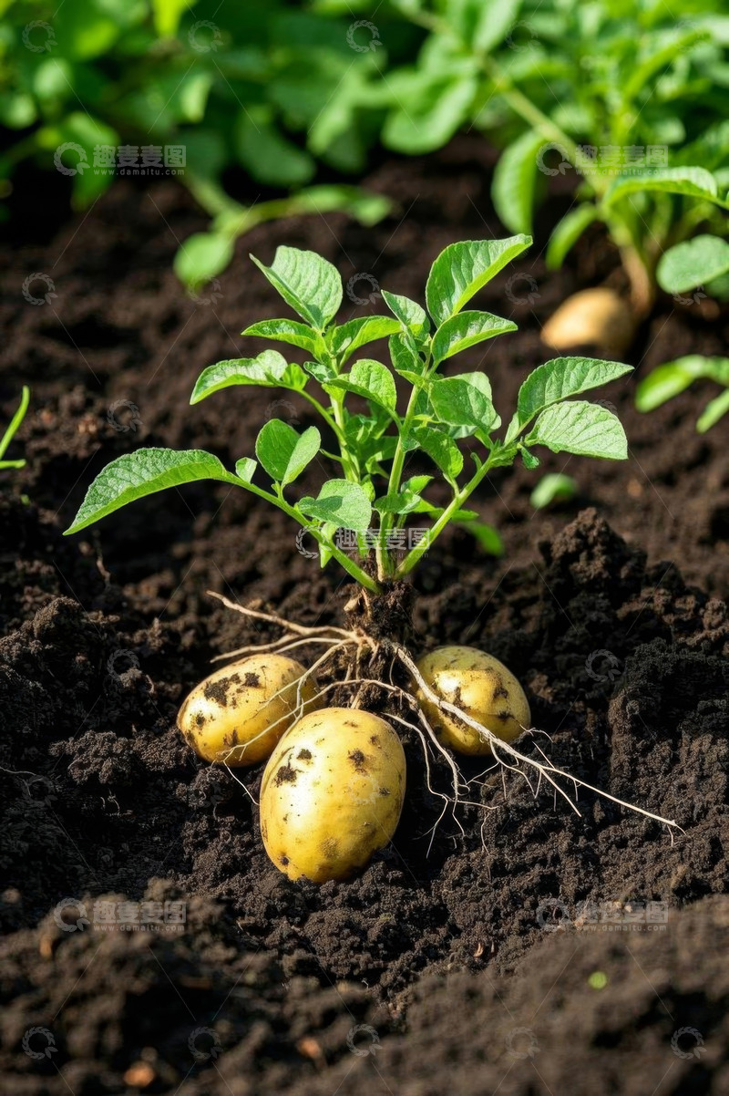 高清大图下载【趣麦麦图】农田中生长的土豆植株与块茎
