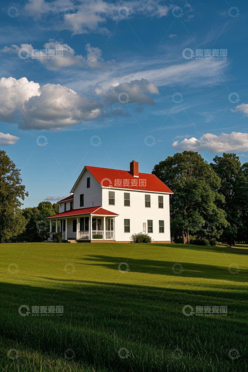高清大图下载【趣麦麦图】户外田园中的红顶白房子