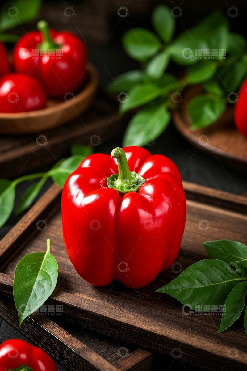 高清大图下载【趣麦麦图】红甜椒与绿叶摆放在木托盘上