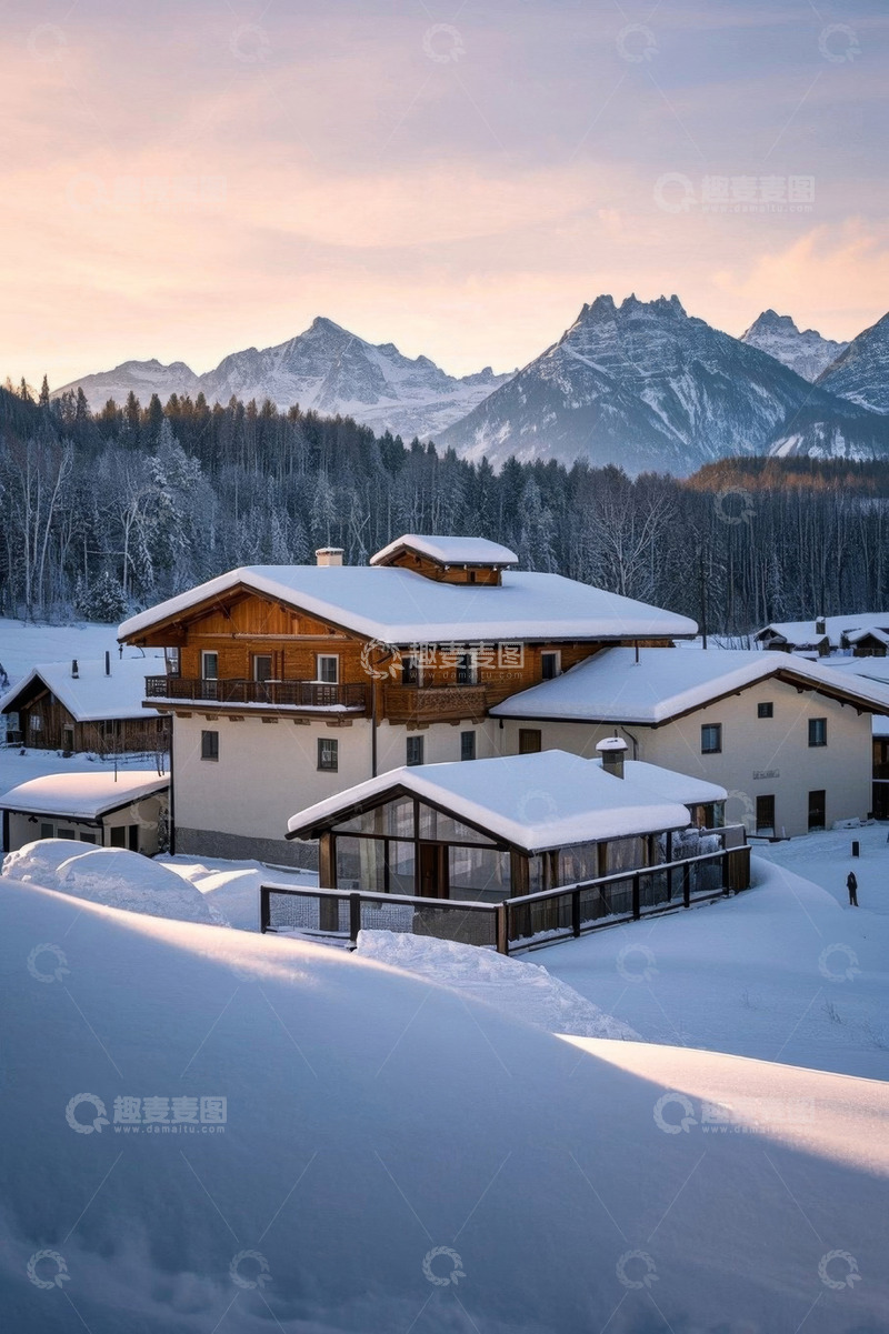 高清大图下载【趣麦麦图】雪山下的雪覆木屋景观