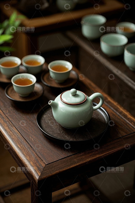 中式茶具摆放在木质茶桌上