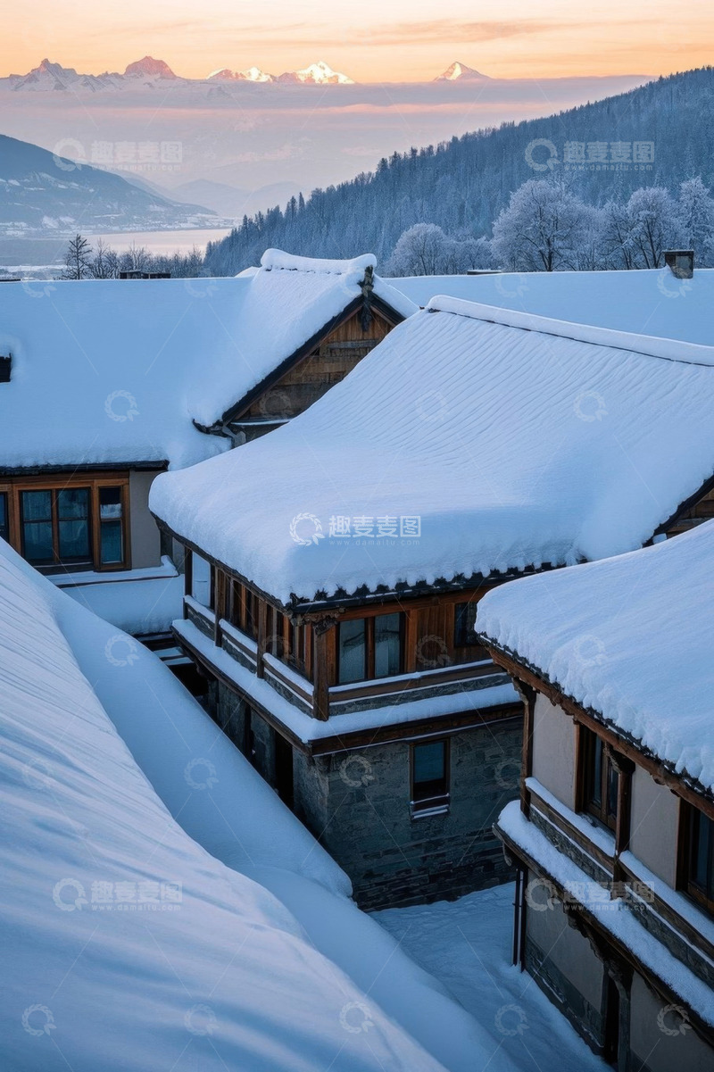 高清大图下载【趣麦麦图】雪覆屋顶与远山雪景