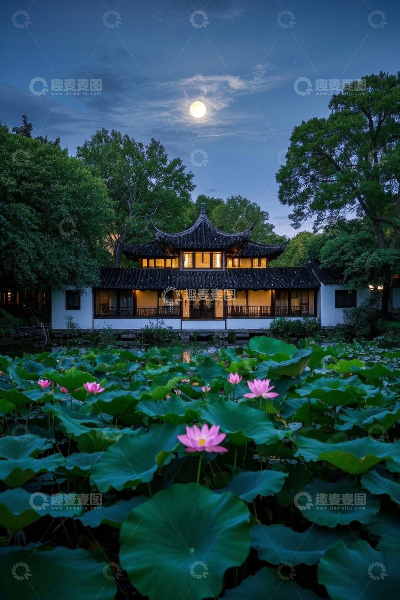 高清大图下载【趣麦麦图】荷塘月色下的中式古建筑