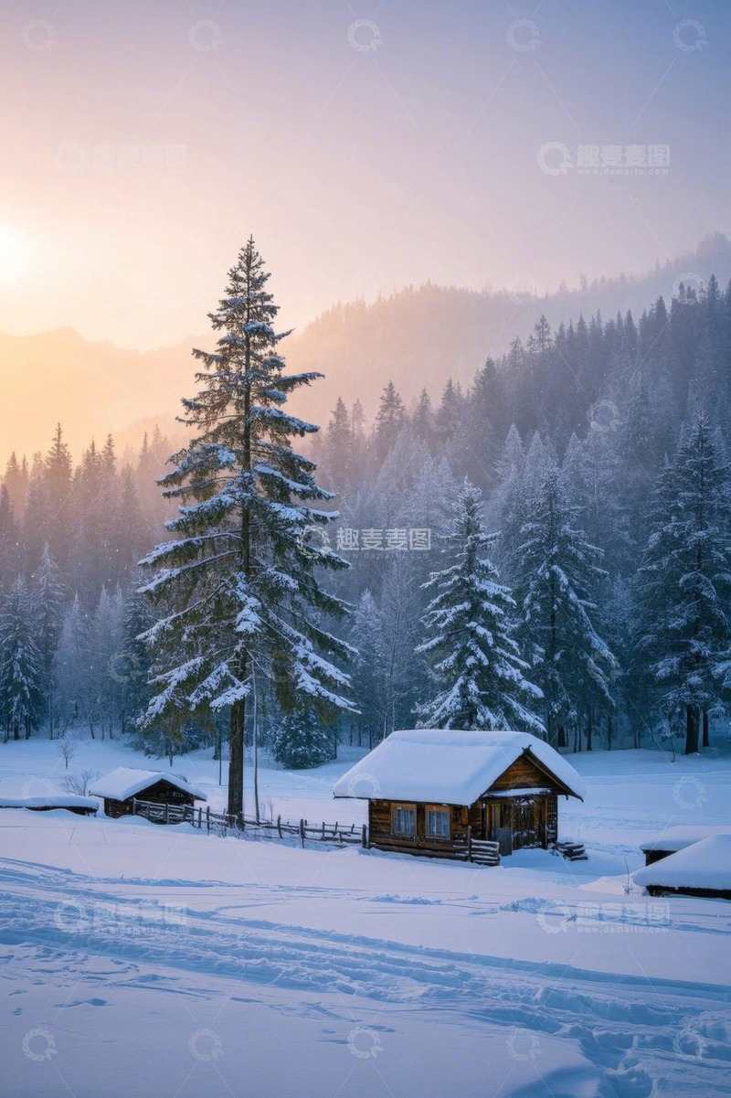高清大图下载【趣麦麦图】雪中山林木屋风景