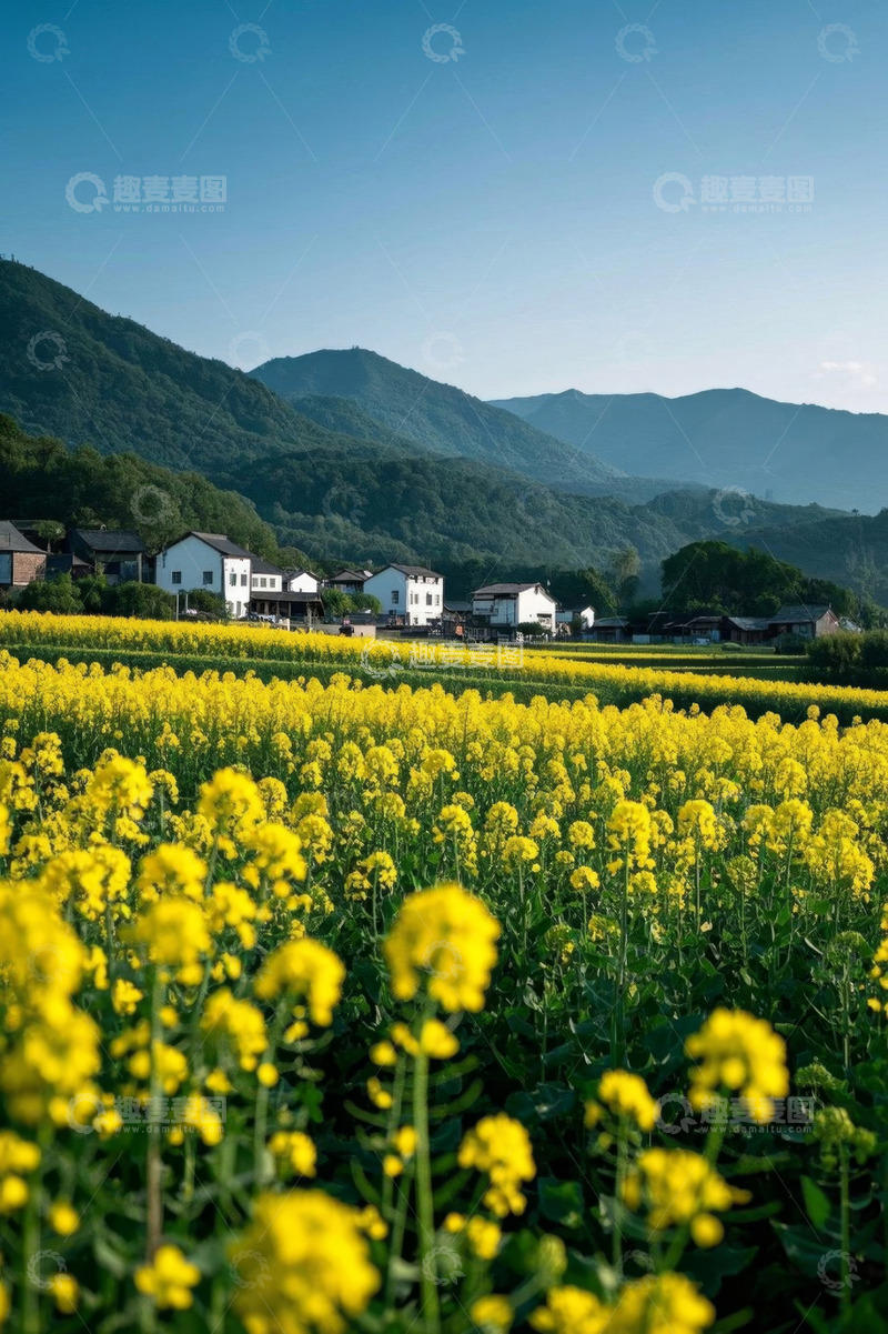 高清大图下载【趣麦麦图】山间油菜花田与村落景象