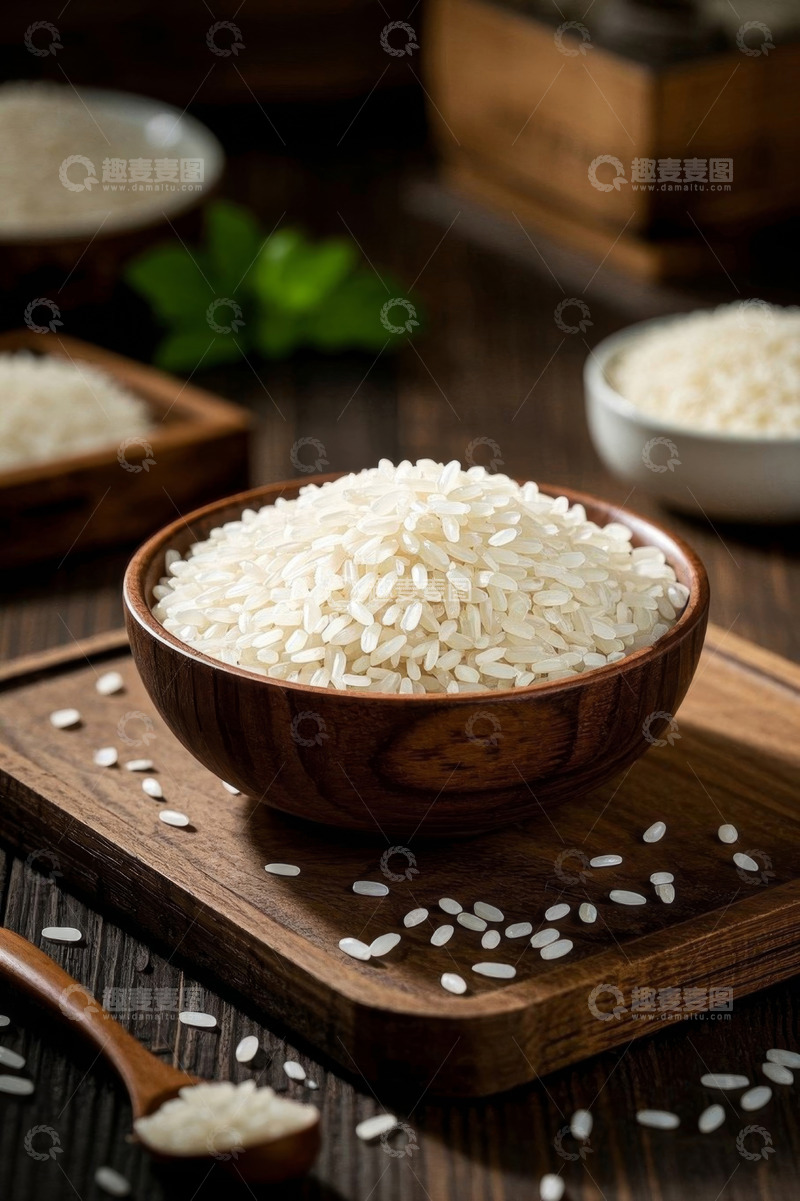 高清大图下载【趣麦麦图】木碗中盛放的新鲜大米
