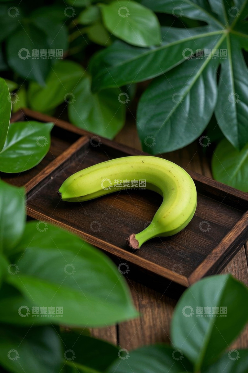 高清大图下载【趣麦麦图】木盘上的香蕉与绿叶