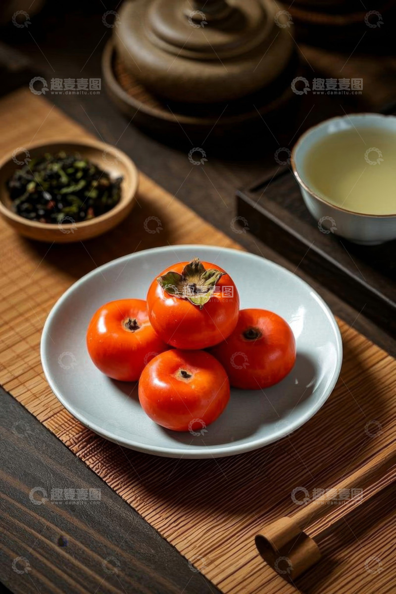 高清大图下载【趣麦麦图】茶席上的柿子与茶具