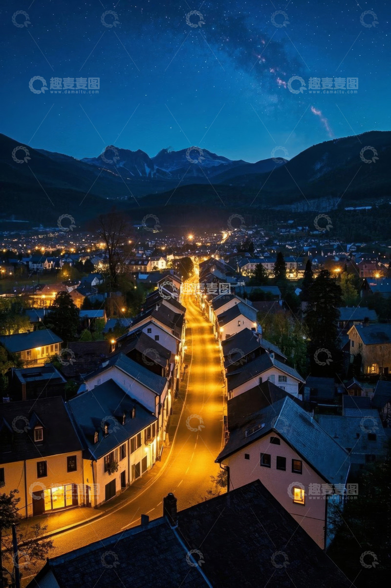 高清大图下载【趣麦麦图】山间小镇夜景星空全景