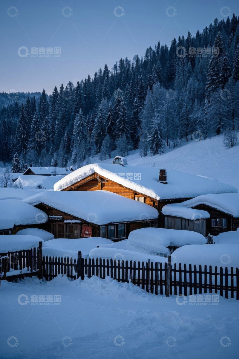 高清大图下载【趣麦麦图】雪覆盖的木屋与森林景观