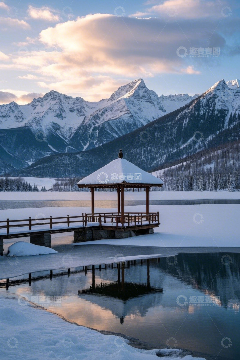 高清大图下载【趣麦麦图】雪山下积雪凉亭与冰封湖面