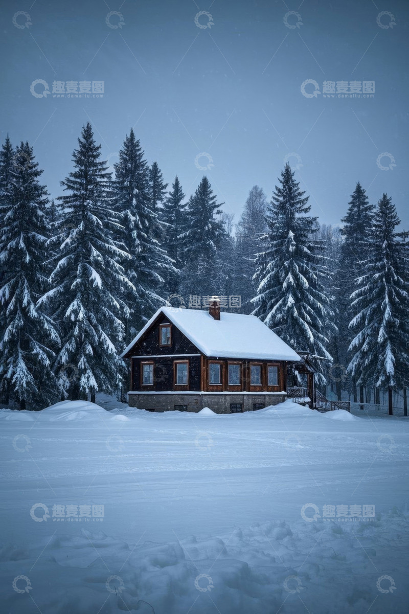 高清大图下载【趣麦麦图】雪林中的木屋风景