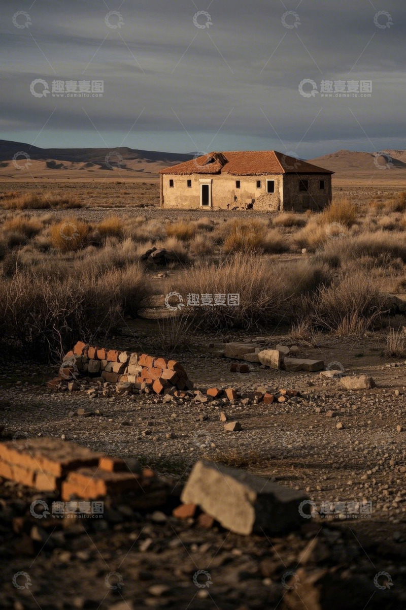 高清大图下载【趣麦麦图】沙漠中的废弃房屋