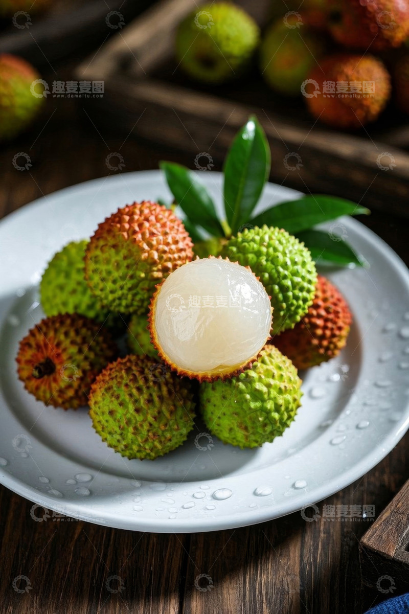 高清大图下载【趣麦麦图】盘中新鲜荔枝特写