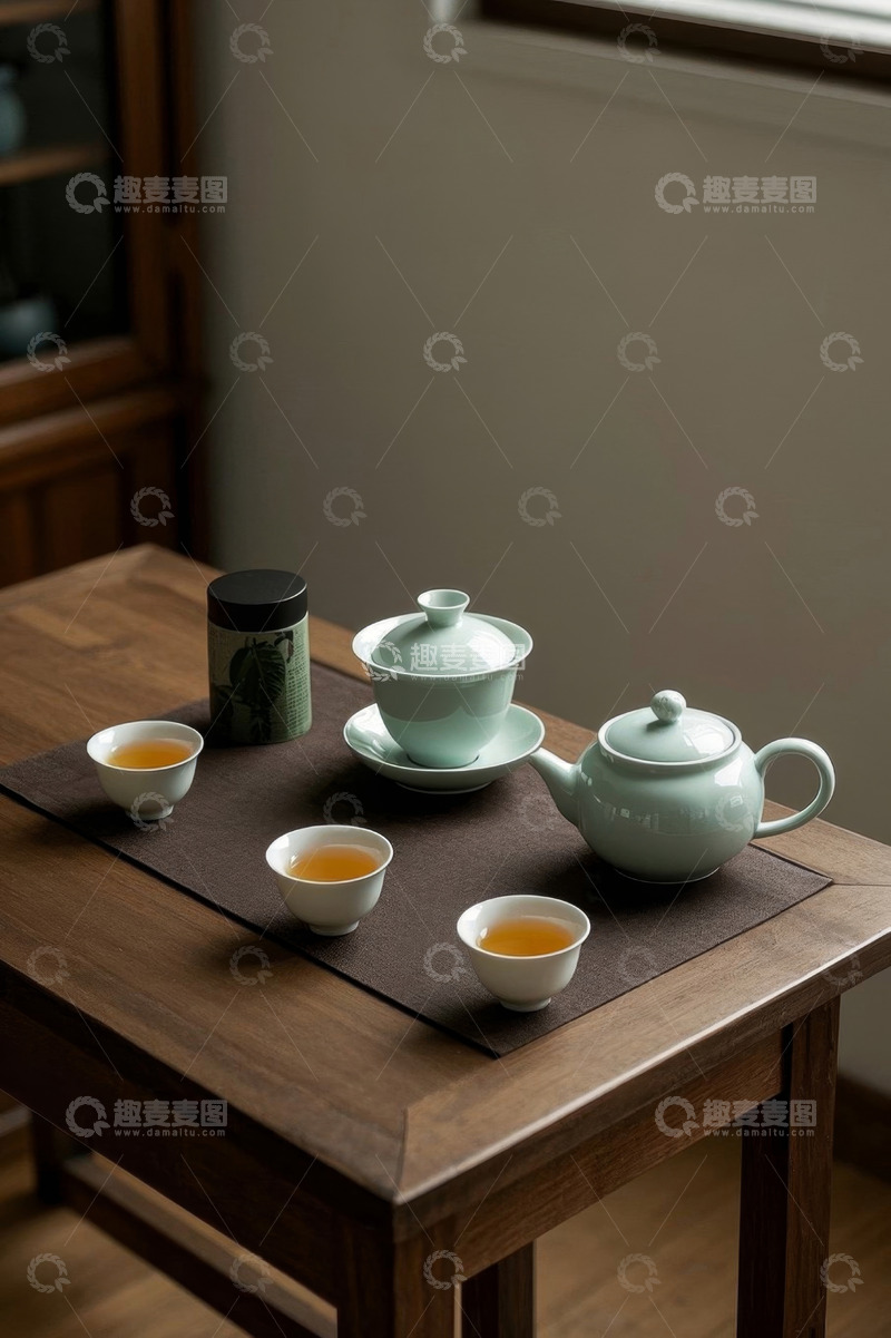 高清大图下载【趣麦麦图】室内木质桌上的茶具与茶