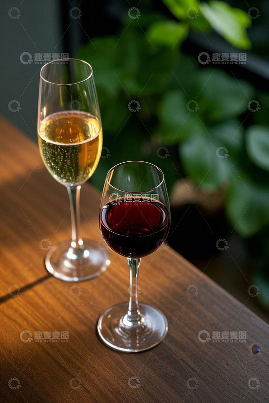 木桌上的两杯葡萄酒