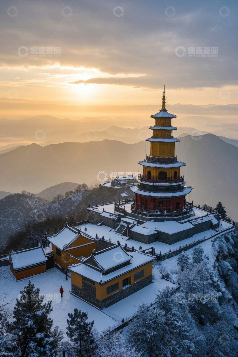 高清大图下载【趣麦麦图】雪后山间古塔与建筑景观