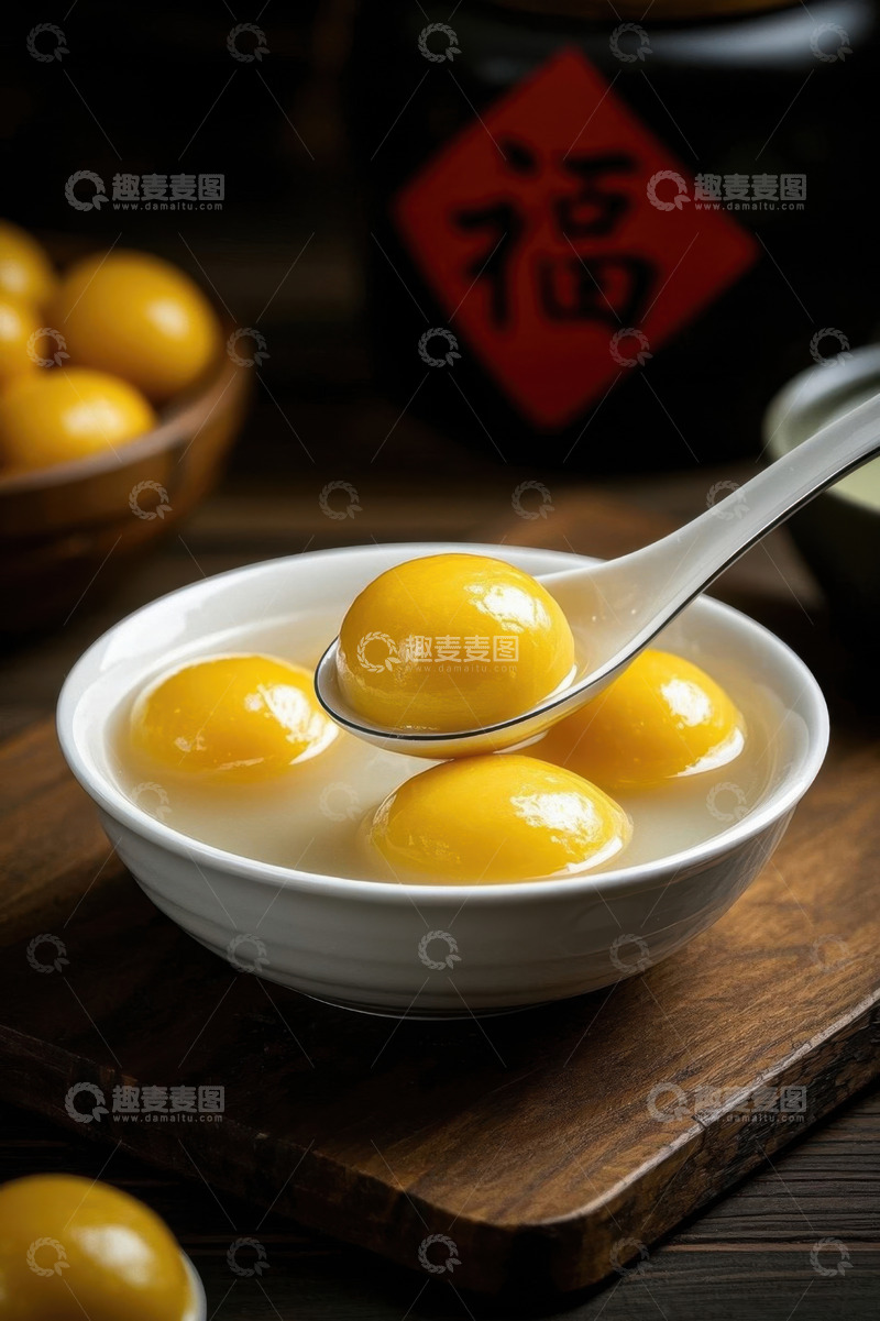 高清大图下载【趣麦麦图】碗中黄色汤圆与福字背景