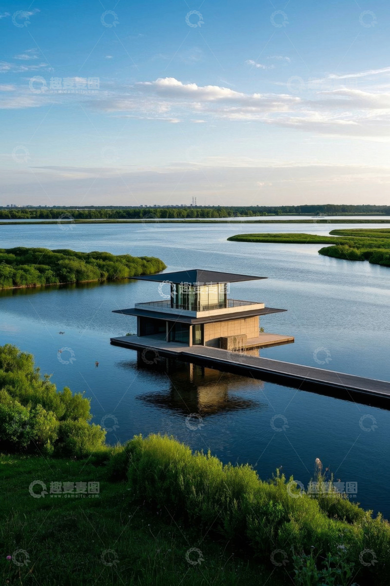 高清大图下载【趣麦麦图】湖中小屋自然风光