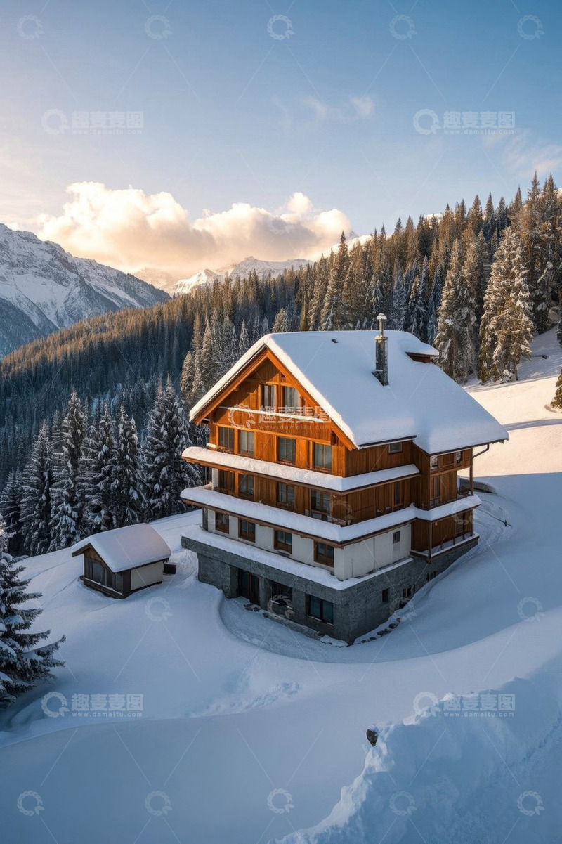 高清大图下载【趣麦麦图】雪山森林中的木屋雪景