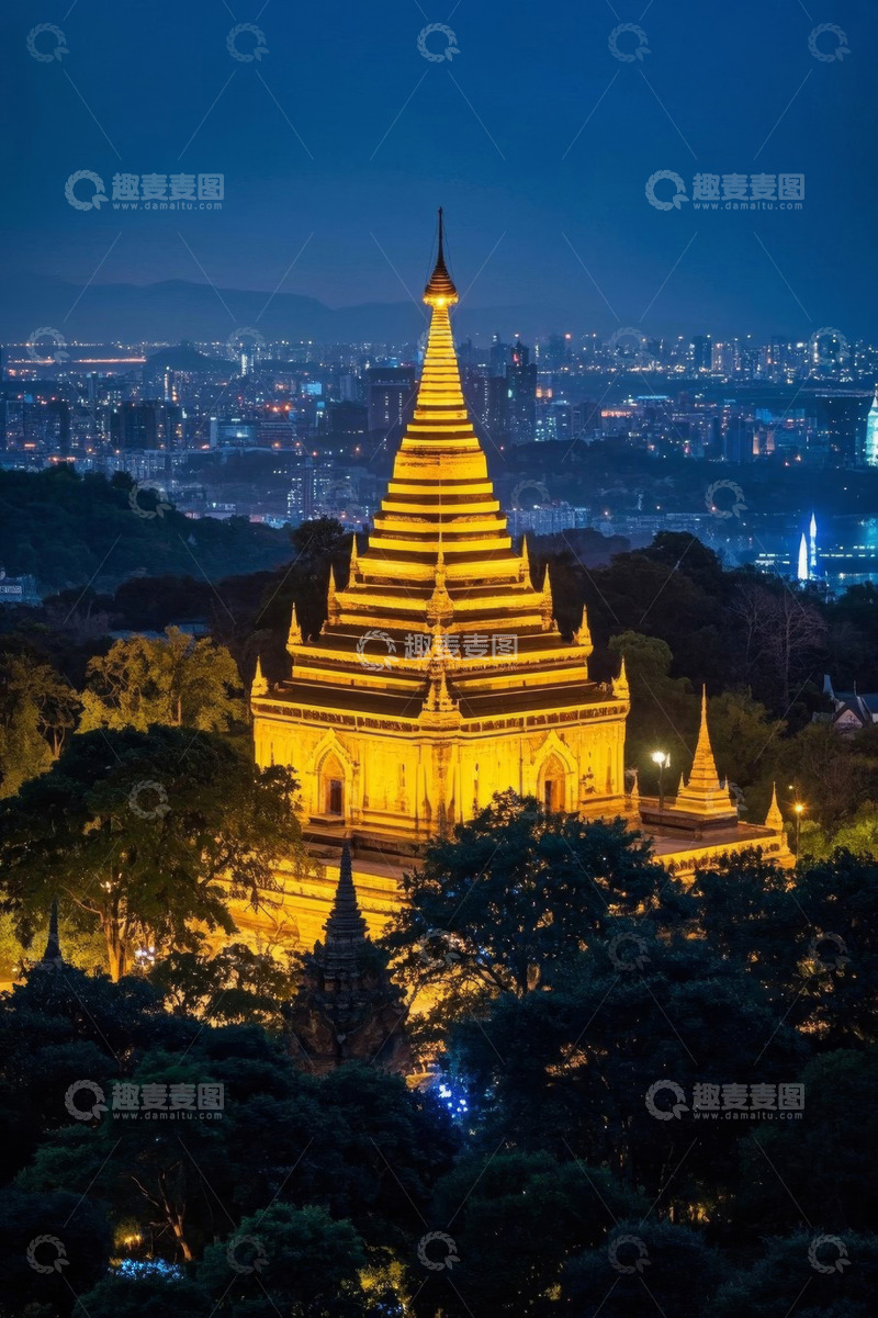 高清大图下载【趣麦麦图】夜晚金顶佛塔与城市远景