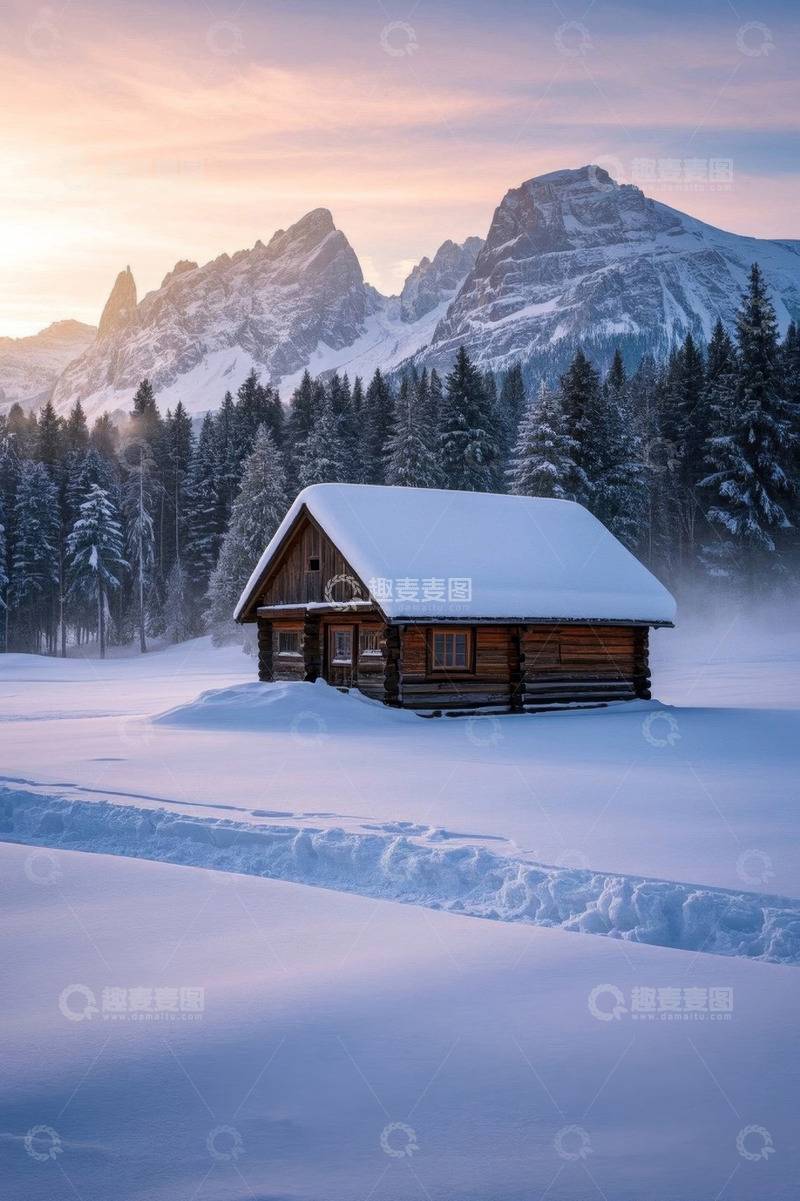 高清大图下载【趣麦麦图】雪中山间木屋自然风光