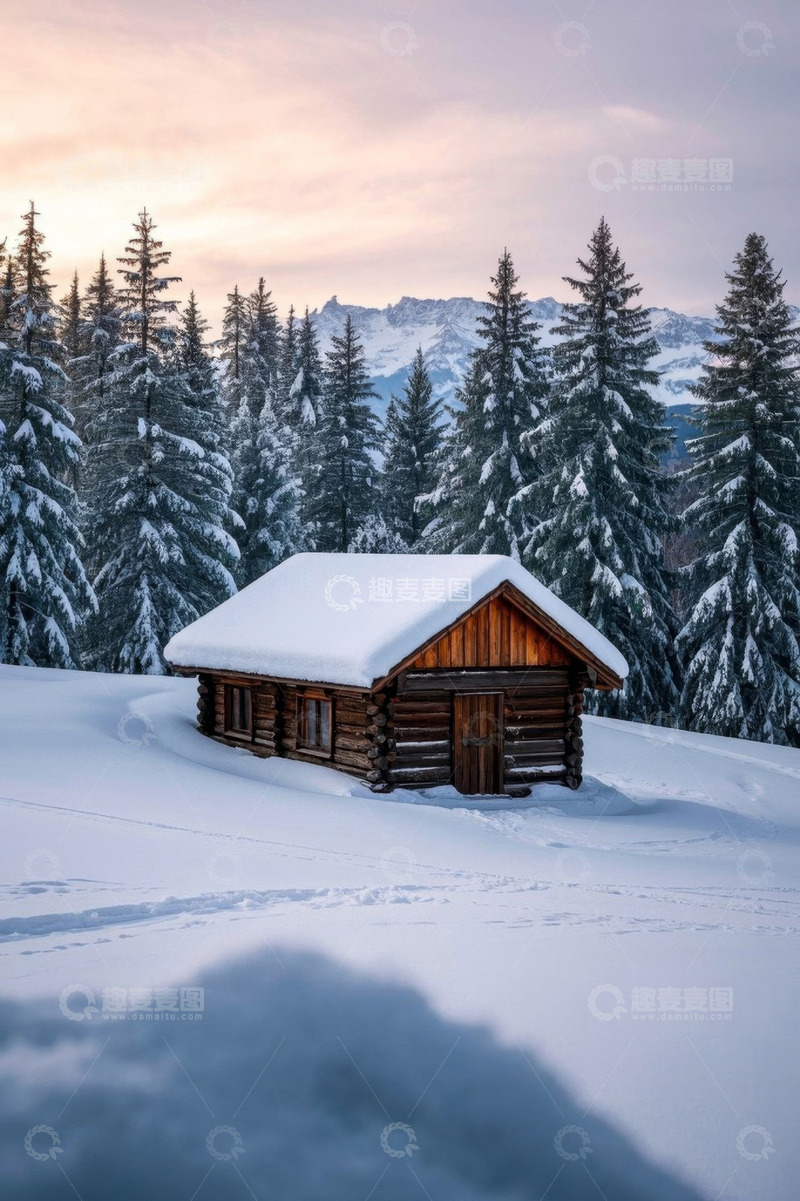 高清大图下载【趣麦麦图】雪中山林木屋冬日风景