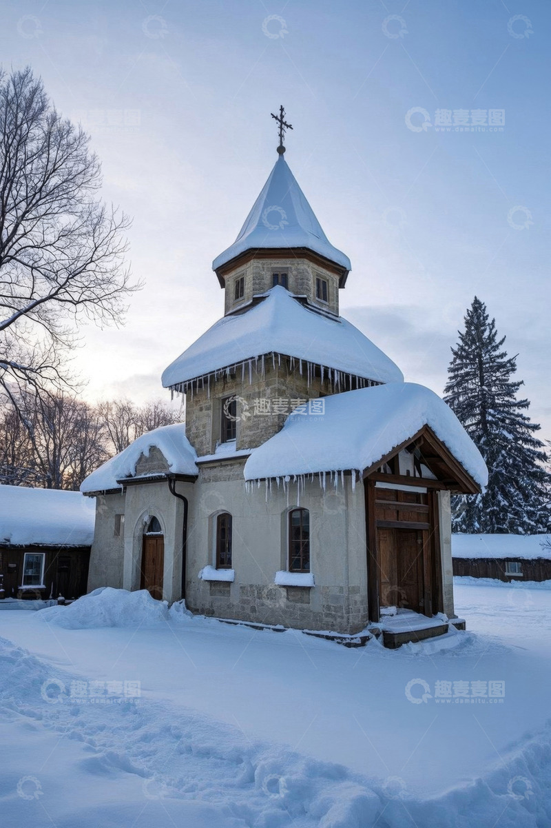 高清大图下载【趣麦麦图】雪覆教堂建筑冬日景象