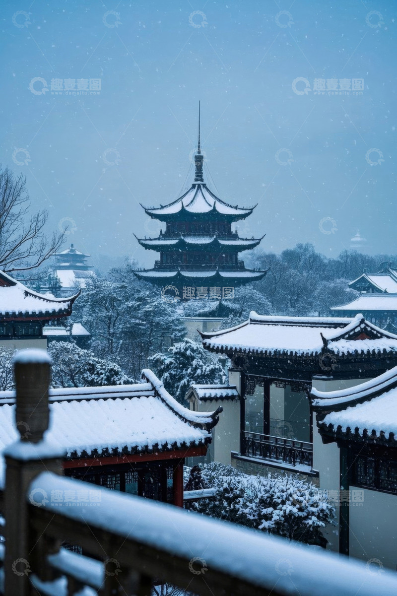 高清大图下载【趣麦麦图】雪中中式古建筑景观