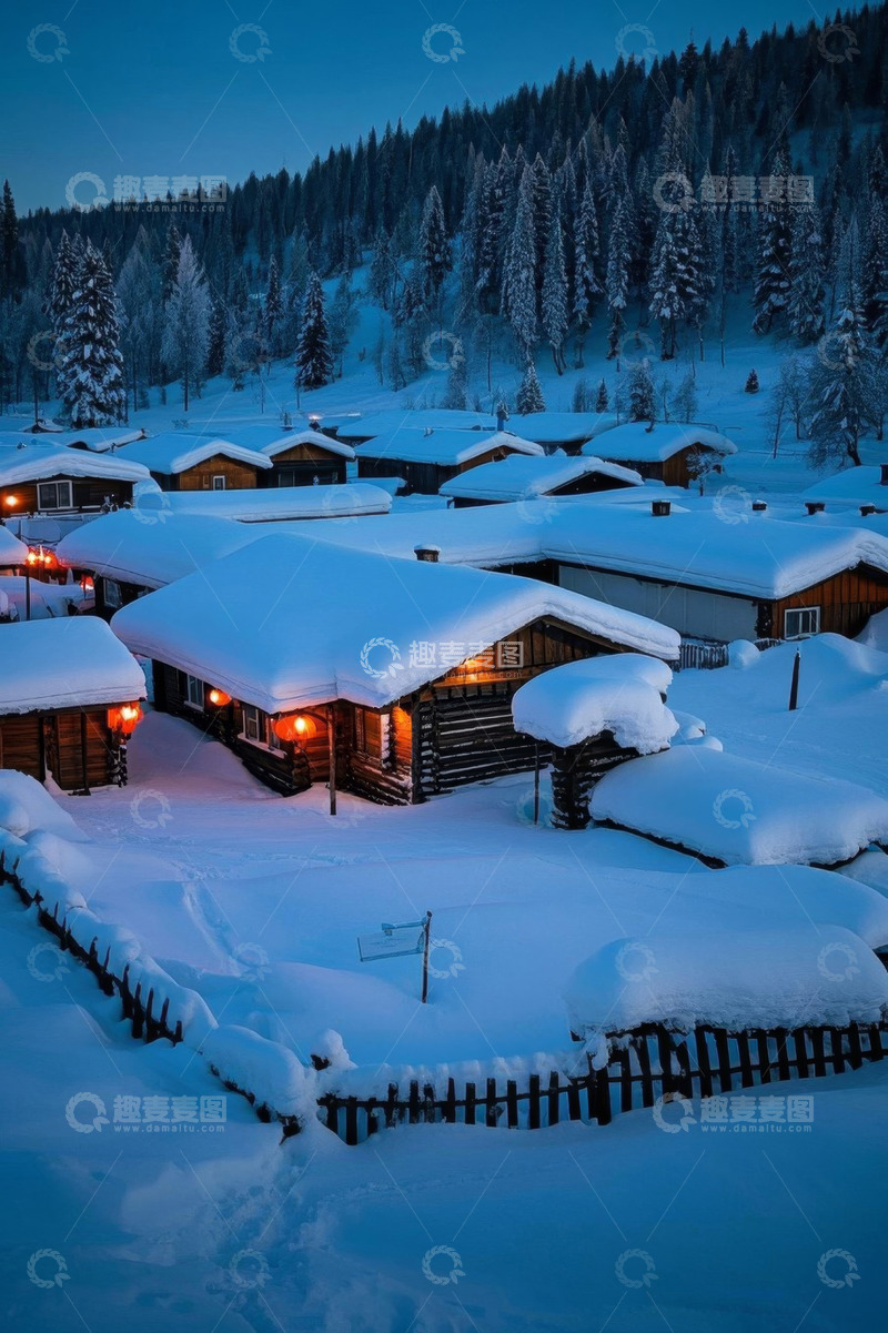 高清大图下载【趣麦麦图】雪覆木屋的冬日户外场景