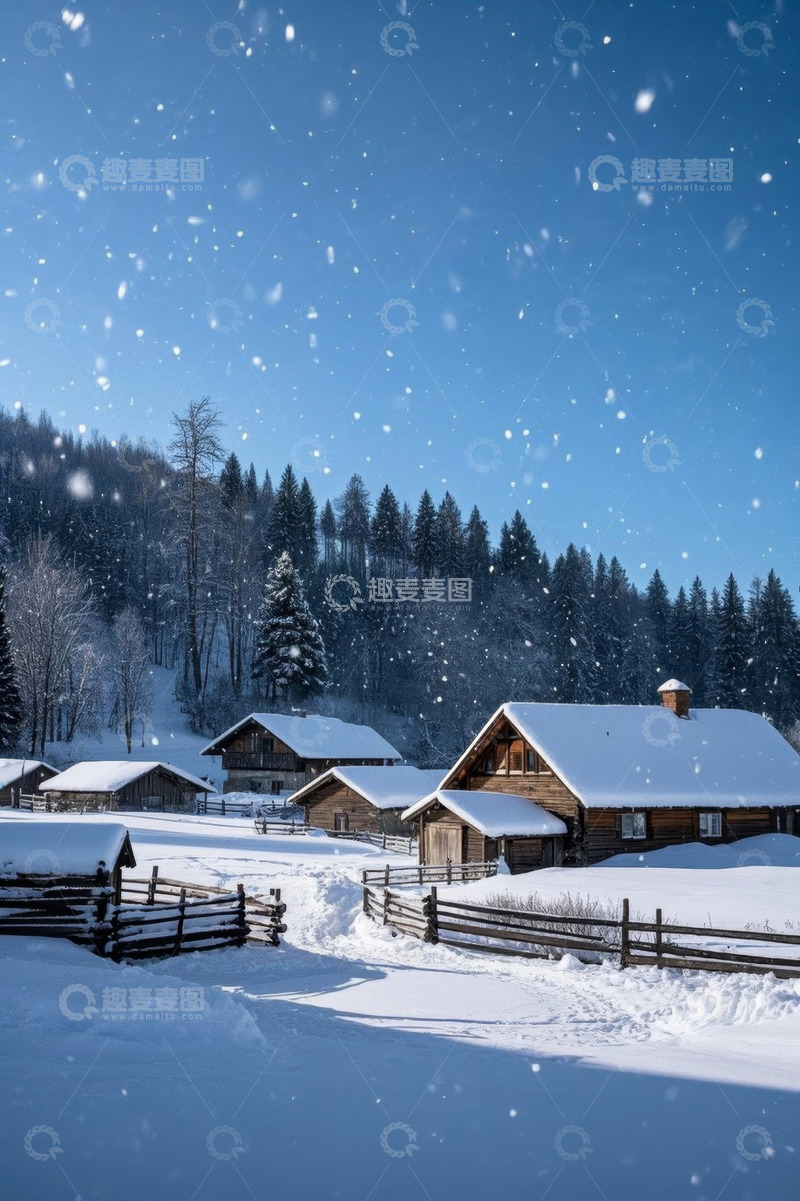 高清大图下载【趣麦麦图】雪中山村木屋风景