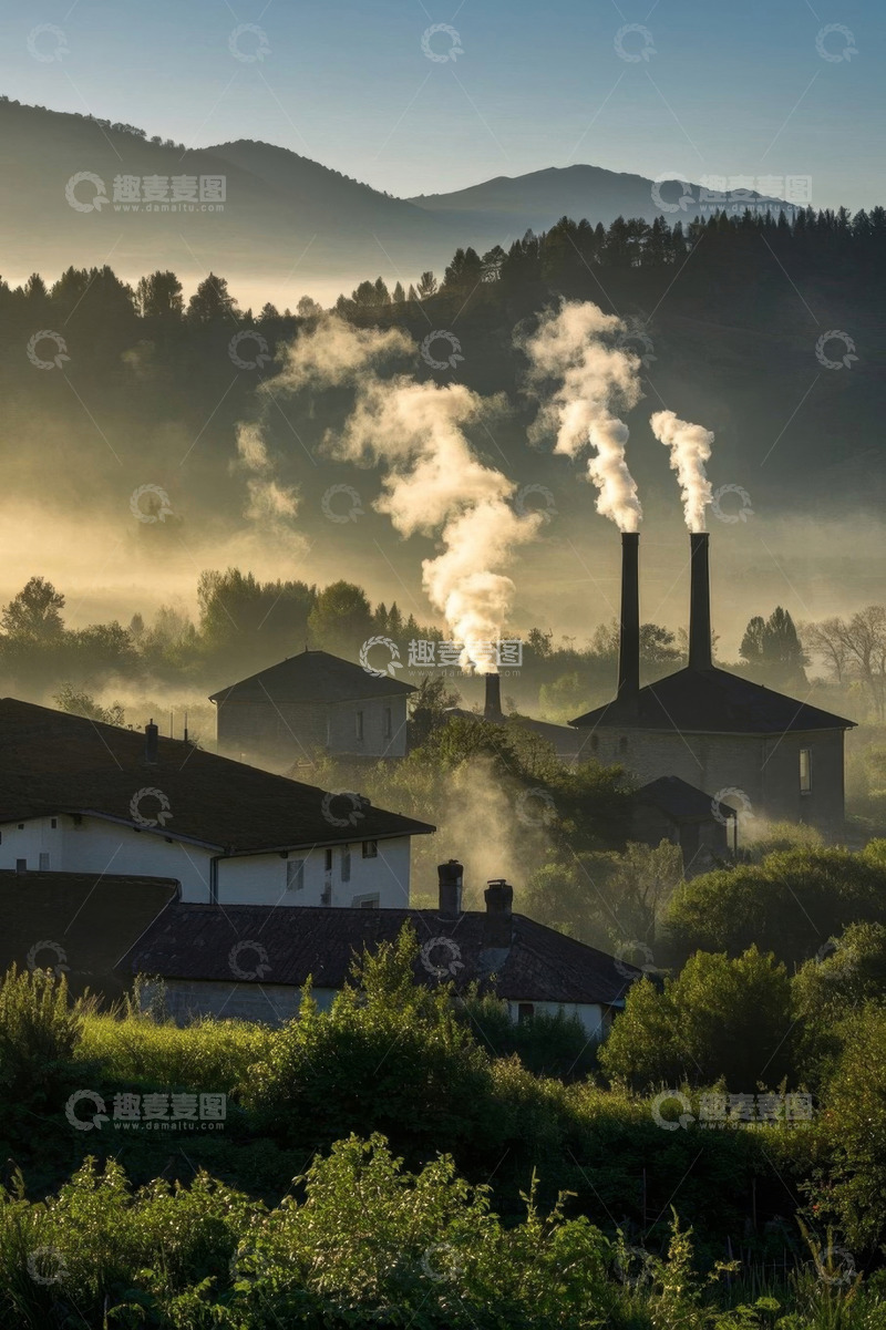 高清大图下载【趣麦麦图】山村清晨烟囱冒烟风景