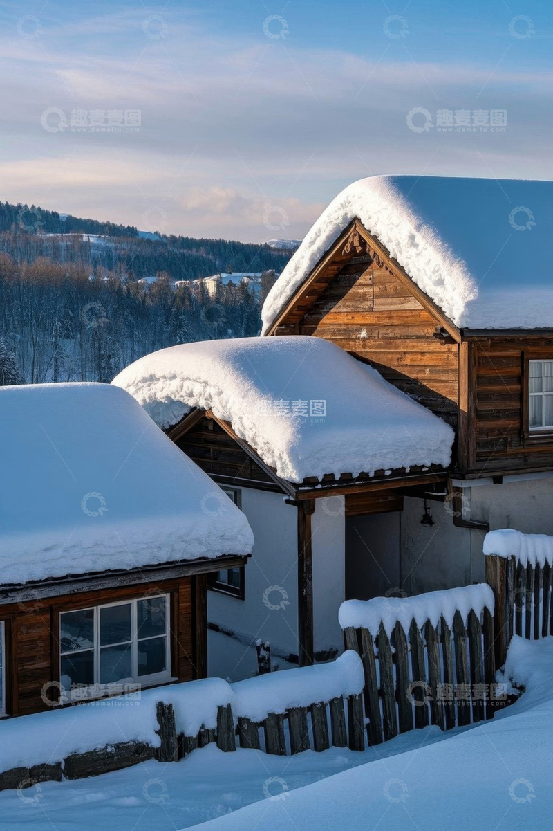 高清大图下载【趣麦麦图】雪覆木屋与远处森林景观