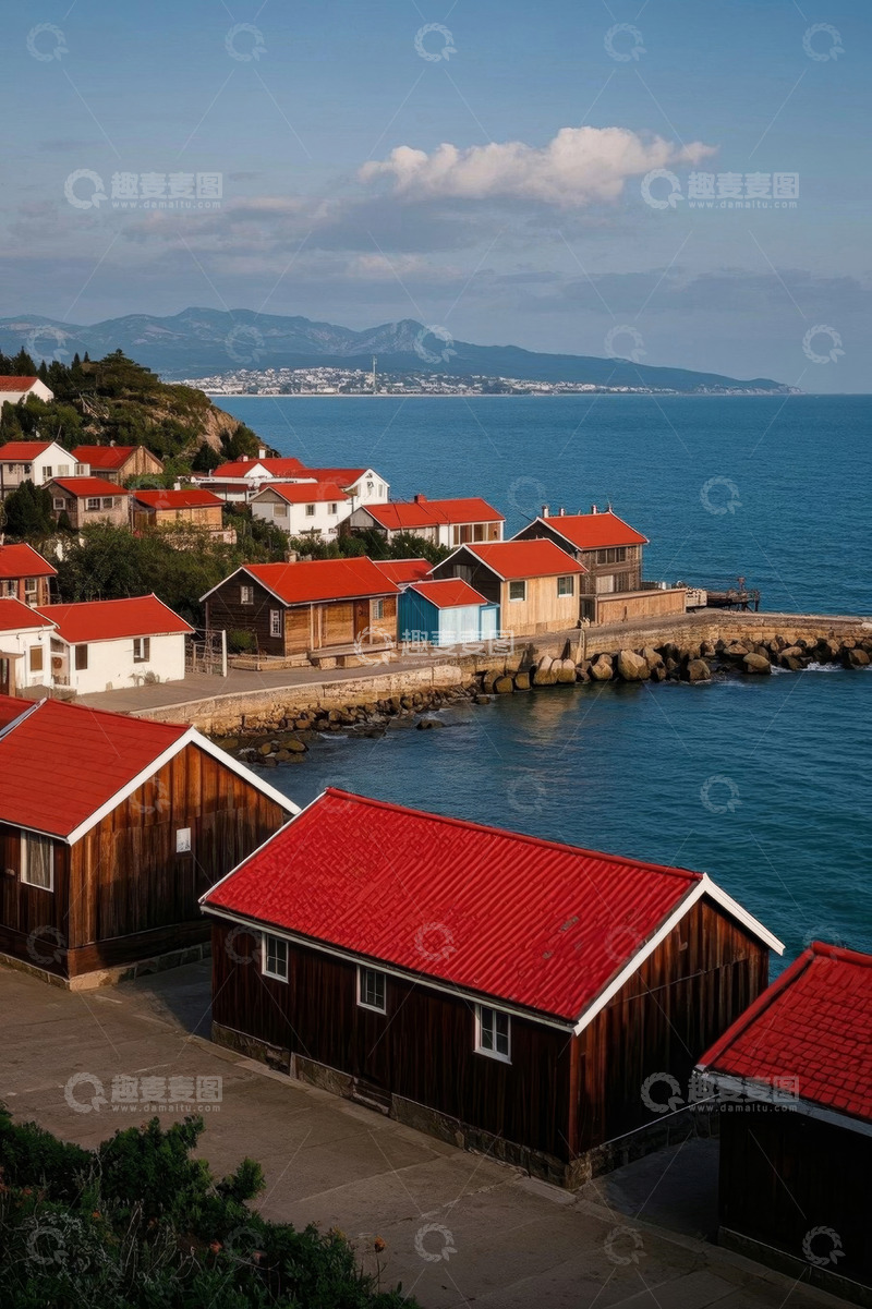 高清大图下载【趣麦麦图】海边红顶木屋风景