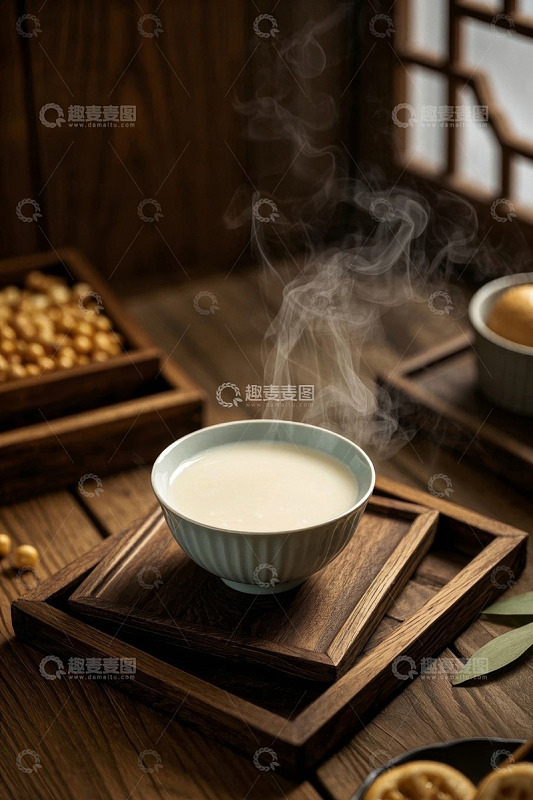 中式木桌上热气腾腾的饮品