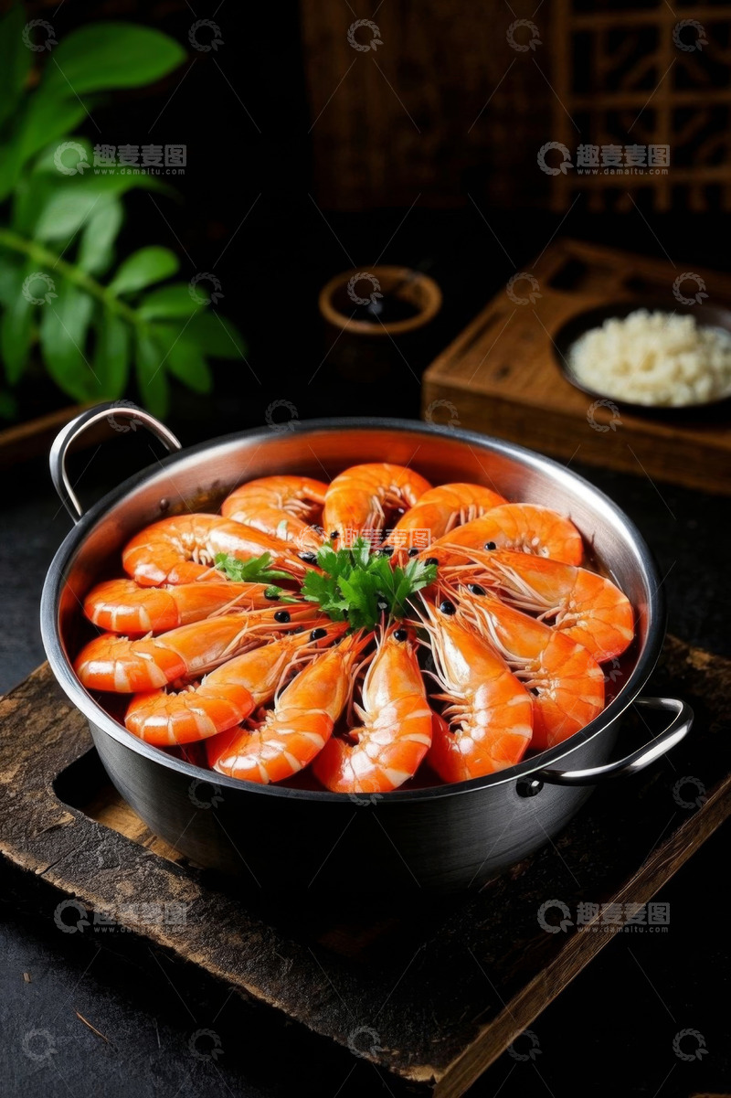 高清大图下载【趣麦麦图】锅中摆放整齐的大虾美食