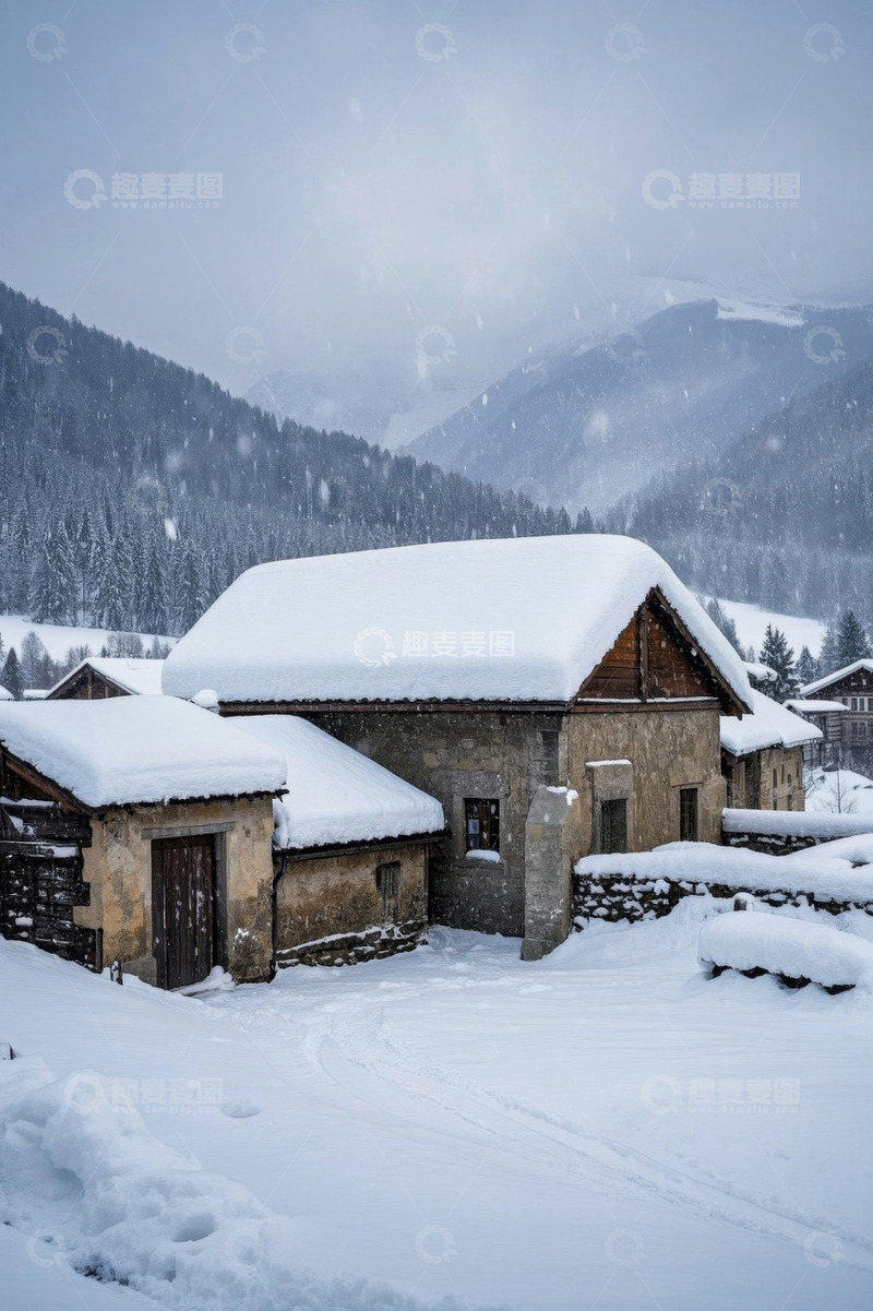 高清大图下载【趣麦麦图】雪中山村小屋雪景
